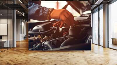 Car mechanic replace oil in vehicle. Wall mural