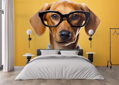 Funny dog in glasses with tie on blue background. Wall mural