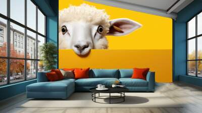 Funny sheep head on yellow light blue wall. Wall mural