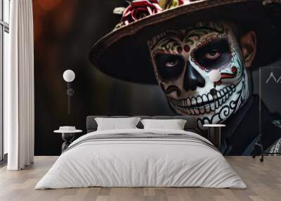 Halloween dark fantasy concept. gentleman skeleton in autumn colors. Wall mural