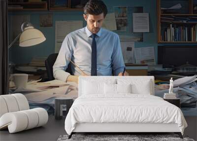 Man in office with a big pile of white papers on table. Wall mural