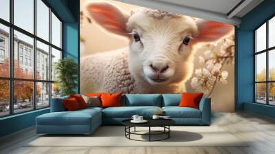 Spring Lambs portrait. Sheep on green farm with flowers background. Wall mural