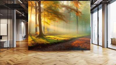 two lovers in autumn color forest. Autumn nature wide or panorama photo Wall mural