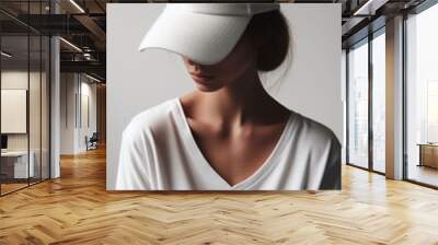 A young woman wearing a plain white baseball cap and white T-shirt. Lady girl with long hair. Plain background Wall mural