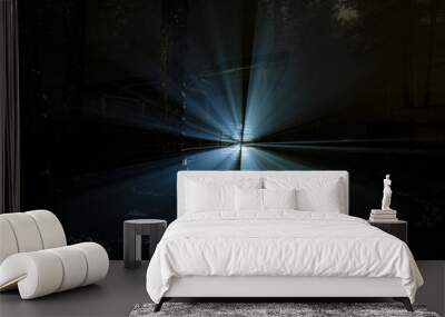 abstraction bright white rays of light in the night with fog Wall mural