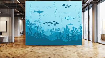 Ocean Underwater Background with Fishes, Sea plants and Reefs. Vector Wall mural