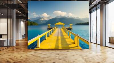 A serene and weathered yellow-painted wooden pier stretches tranquilly into the calm and crystal-clear blue lake, its wooden planks worn smooth by time and gentle waves, with the majestic mountains ri Wall mural