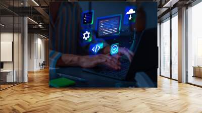 idea of creating software or games on a computer or programming. a three-dimensional clipart graphic displaying programming interfaces and code symbols. Idea of computer engineering. Wall mural