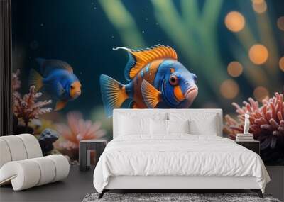 Two small tropical fish with bright orange and blue patterns swim in for a close-up Wall mural