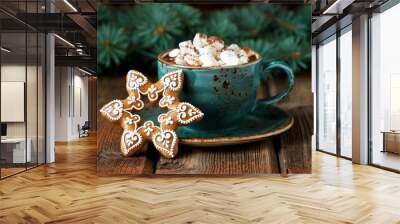 Ceramic mug filled with hot chocolate  and gingerbread cookies Wall mural