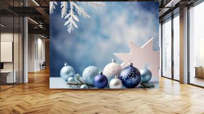 Christmas abstract background with ornament setup, abstract sky decorative wallpapers, Merry Christmas and New Year banner. Abstract modern 3d vector illustration on blue background. ai abstract blue Wall mural