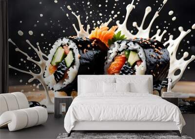 sushi with black sauce splashing around, in the style of an outdoors product hero shot in motion, dynamic magazine ad image, photorealism, stock images, stock photo, illustrations Wall mural