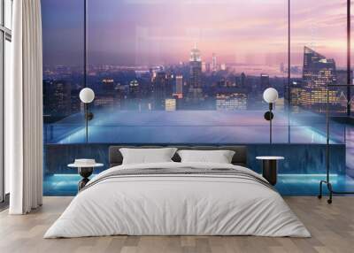 A modern, glass podium, with LED lights illuminating the surface, against a backdrop of a bustling city skyline. Wall mural