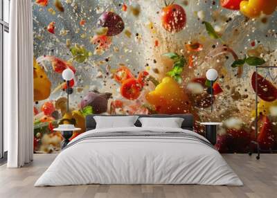 Radiant bursts of flavor exploding across the wall in an abstract culinary explosion. Wall mural