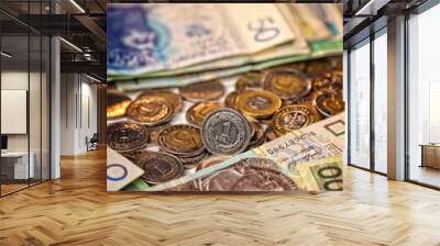 one zloty coin on the background of banknotes - Polish currency Wall mural