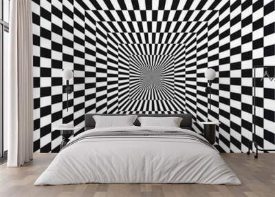 Abstract optical illusion of B&W tunnel out into the distance, black and white geometric pattern, psychedelic, chess board, OP art, Optical art as background pattern - vector, illustration Wall mural