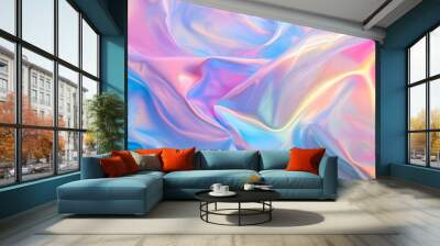 Blurred Holography abstract background in blue pink colors. Holographic color wrinkled pearlescent foil. Holographic iridescent rainbow fabric abstract background Wall mural