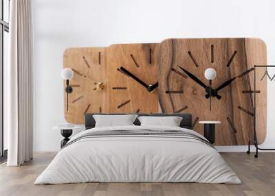 Clock made of wood. Clock face in loft style. Designer Scandinavian watch. On a white background Wall mural