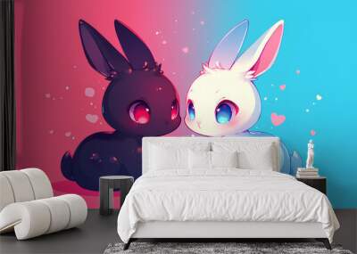 2 black and white kawaii rabbits beautiful background Wall mural