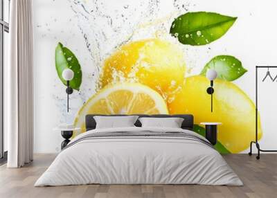 Fresh lemons splashing with leaves, cut out isloated on a white background  Wall mural