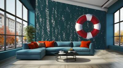 Lifebuoy in ocean - 3D render illustration. Emergency lifesaver buoy in water. Saving Lives - social advertising poster with copy space. Lifeguard equipment with rope floating in sea. lifeguard day Wall mural