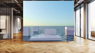 Staircase, steps in ocean, sea  - paradise view. White stone sculpture. Podium, pedestal for mockup design. Sunny summer advertising composition. Empty space for mockup. 3d render illustration Wall mural