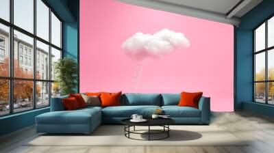 Stairway to sky, to clouds - 3d render illustration. Pink dreams, flying in fairy world. Steps in career ladder, way up to ideas. Find a solution - creative concept  Wall mural