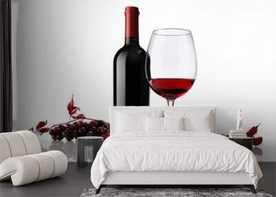 composition of wine bottle and glass with bunch of grapes on whi Wall mural