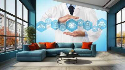 concept of eye examination, optician hands protecting eye icon, prevention and control, web banner infographics with diagnostic tools symbols, isolated on blue background Wall mural