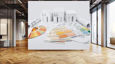 design and choice colors for house planning, plaster samples on blueprint with model house, supply and technical service in shop of color, in the hardware and in the store of building material. Wall mural