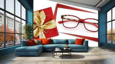 glasses christmas gift card, red box with glittering golden ribbon bow, white ticket and eyewear isolated on white background, template for promotional and shopping banner or label Wall mural