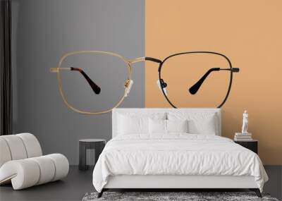 golden and black glasses isolated on beige and gray background, ideal photo template for display or advertising sign or for a web banner Wall mural