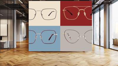 Metallic golden and silver glasses collage isolated on red, blue and beige background, ideal photo template for display or advertising sign or for a web banner Wall mural