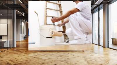 painter man at work with a roller, bucket and ladder, bottom view Wall mural