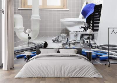 plumber tools and equipment in a bathroom, plumbing repair service, assemble and install concept Wall mural