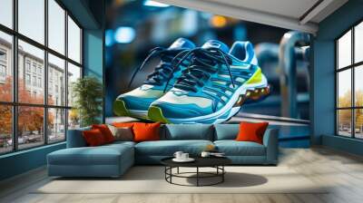 A pair of blue sports shoes on a wooden floor Wall mural