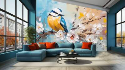 Abstract colorful oil, acrylic painting of bird and spring flower. Modern art paintings brush stroke on canvas. Illustration oil painting, animal and floral for background. Wall mural