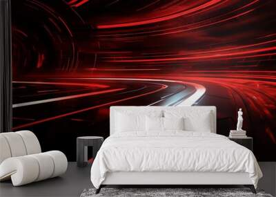 Abstract red background with dynamic curves and waves of digital technology Wall mural