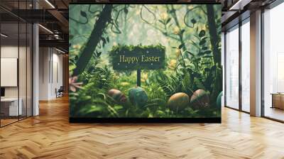 An Easter egg hunt in a lush green garden with hidden eggs and the joyful message 