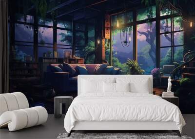 Anime manga style empty room with jungle view and hip-hop lights: a colorful and cozy lofi scene Wall mural