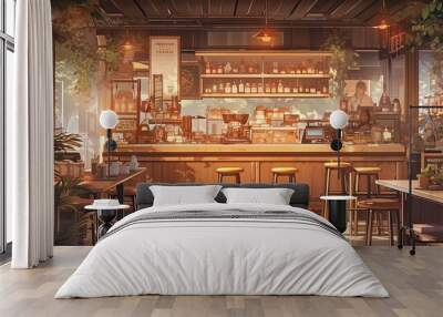 Anime-style illustration of a cozy cafe interior with wooden furniture and orange lighting, anime chill hip stream overlay loop background Wall mural