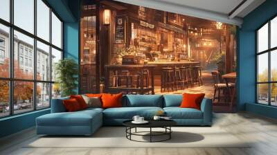 Anime-style illustration of a cozy cafe interior with wooden furniture and orange lighting, anime chill hip stream overlay loop background Wall mural