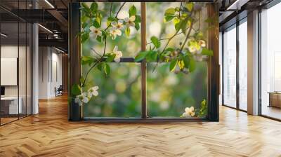 Beautiful spring nature, vintage window, blooming branches, green leaves, white flowers, blurred background, close-up shot. Wall mural