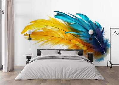 Blue and yellow feather PNG: A high-quality image of a colorful bird feather isolated on a transparent background Wall mural