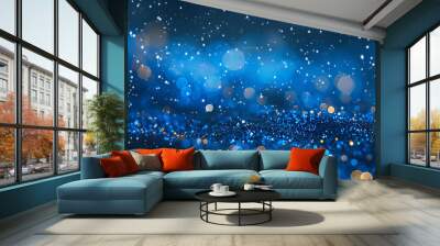 Blurred bokeh light on dark blue background  , Abstract glitter defocused blinking stars and sparks , Blue  and gold particle wave with shining starlight and glowing dots abstract digital background
 Wall mural