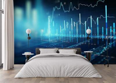 Business analyst examining financial data and stock market trends on blue graphs and charts Wall mural