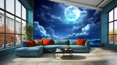 Captivating full moon illuminating clouds and stars in night sky, sky with moon and clouds Wall mural