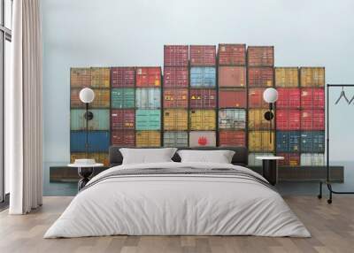 Colorful shipping containers stacked at an international port, symbolizing global trade and modern logistics, showcasing the backbone of international shipping and economic globalization. Wall mural