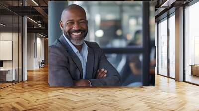 Confident entrepreneur enjoying triumph with bright smile in modern workspace Wall mural