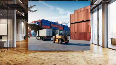 Container cargo freight ship during discharging at industrial port and move containers to container yard by trucks, cargo plane, logistic import export background and transport industry concept. Wall mural